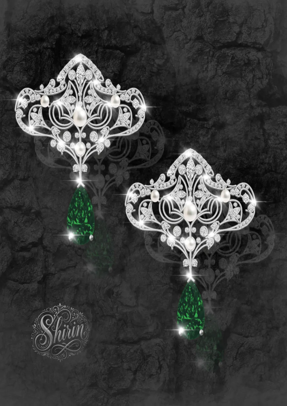 Emerald and pearl drop earrings designed by Shirin